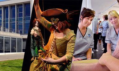 Collage of 69ý, a puppeteer on stage and two nursing students